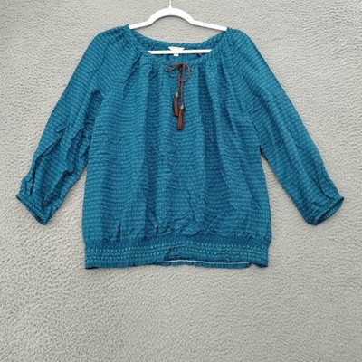 Sonoma Peasant Blouse Womens Medium Blue 3/4 Sleeve Tie Neck Boho Top