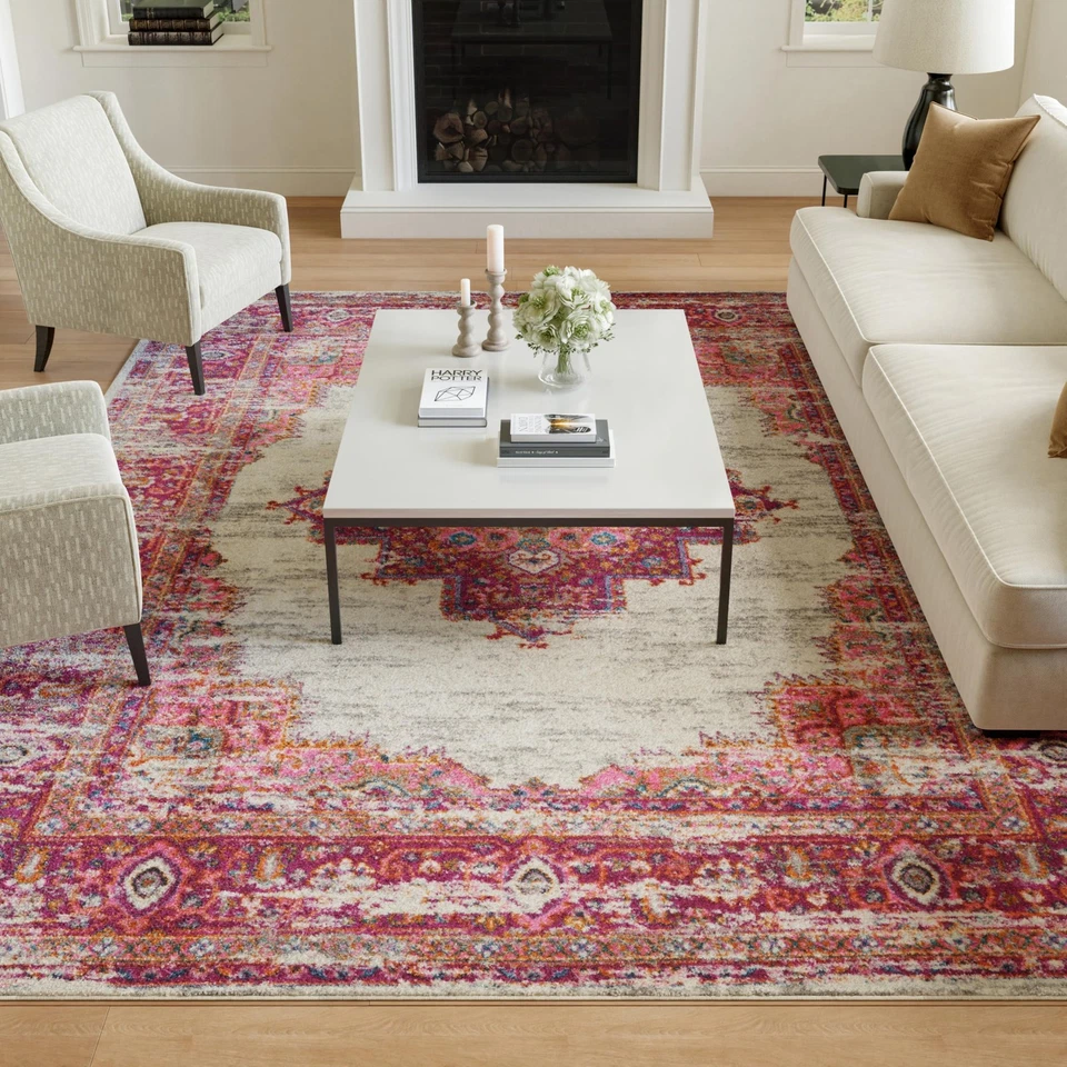 Alfombra Home Passion Marfil/Fucsia 9' x 12', Boho, Tradicional, Fácil de Limpiar... Foto 4 de 4