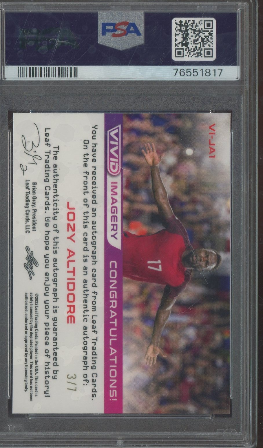 2022 Leaf Vivid Imagery Gray Jozy Altidore AUTO 3/7 PSA 9 MINT view 2