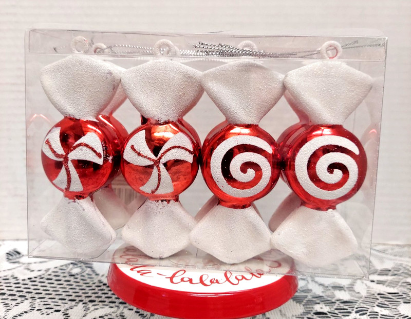 8 Red & White Peppermint Swirl Candy Christmas Ornaments Plastic Decor New