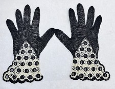 Antique Crocheted Lace Gloves Two Tone Brown Cream Edwardian Small