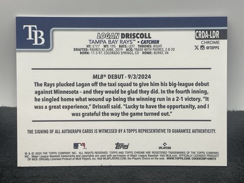2025 Topps Chrome Update Rookie Debut Auto Logan Driscoll Purple Speckle 252/299 - Bild 5 von 5