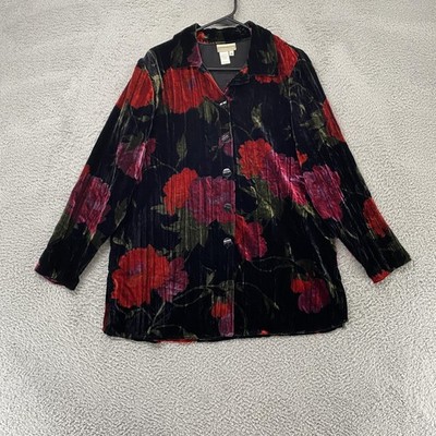 Coldwater Creek Jacket Womens Medium Velvet Black Red Floral Button Front USA