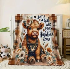 Bohemian Highland Cow Flannel Blanket - Floral & Heart Print Flannel Blanket