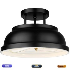 zeyu ZY29-F BK 12'' Industrial Semi Flush Ceiling Light 2-Light Metal Dome Black
