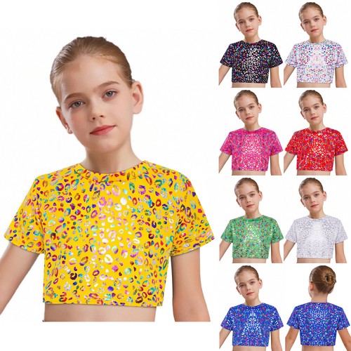 Kids Girls Crop Top Metallic T-shirt Photo Shoot Blouse Dance Shirt Casual Tops - Picture 6 of 65