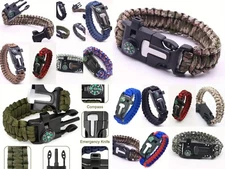 Paracord Survival Hiking Bracelet Fire Starter Compass Whistle, Cut Tactical NEW