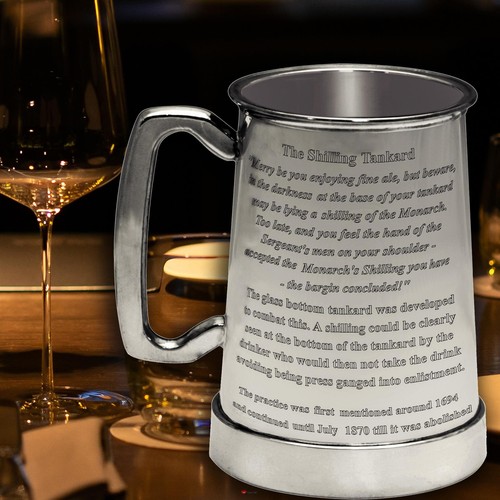 Kings Shilling 1 Pint Tankard Pewter with Glass Bottom with Custom Engraved Text - Picture 2 of 9