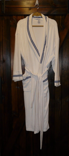 Nautica Robe White Terrycloth Blue Trim Belt Pockets Mens osfa 53" long - Picture 6 of 6