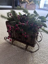 Vintage Christmas Wooden Sleigh Centerpiece Pine Cranberry Table Top Decoration