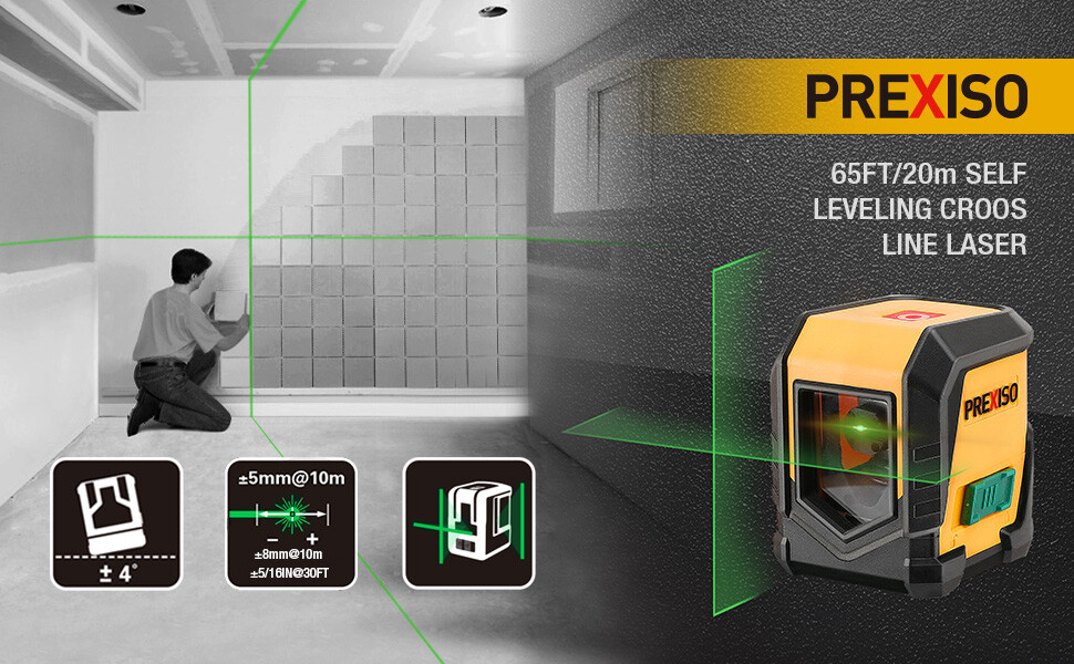 PREXISO Laser Level, 65Ft Self Leveling Cross Line Laser Level Plastic w/Battery