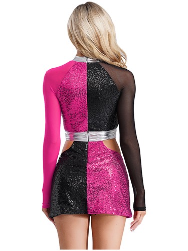 Mujeres Disfraz Brillante Ropa de Baile Vestidos de Baile Años 70 Color Contraste Hippie Mini - Imagen 18 de 32