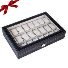 👍 24 Slot Watch Box Leather Display Case Organizer Top Glass Storage