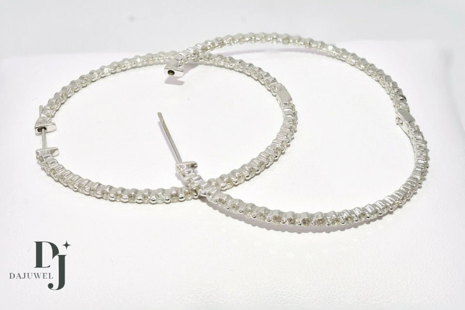 Solid 14K White Gold Moissanite Inside Out Hoop Earrings 2 Carat Round Cut VVS1 - Image 3 of 4
