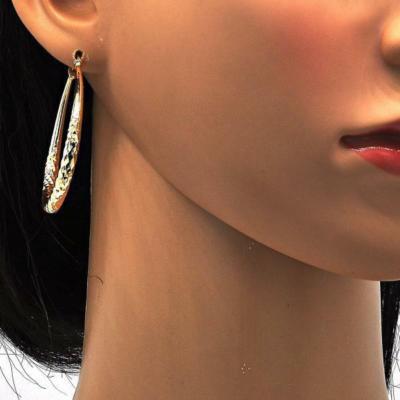 Classy Medium Real Gold Plated Oval Hoop Earrings - 14k Gold Layered, 50mm X 4mm, Click Top Closure