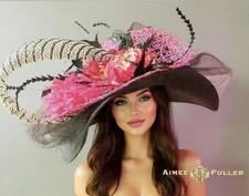 Aimee Fuller Kentucky Derby Hat Black Pink Large Floral Del Mar Royal Ascot Hat