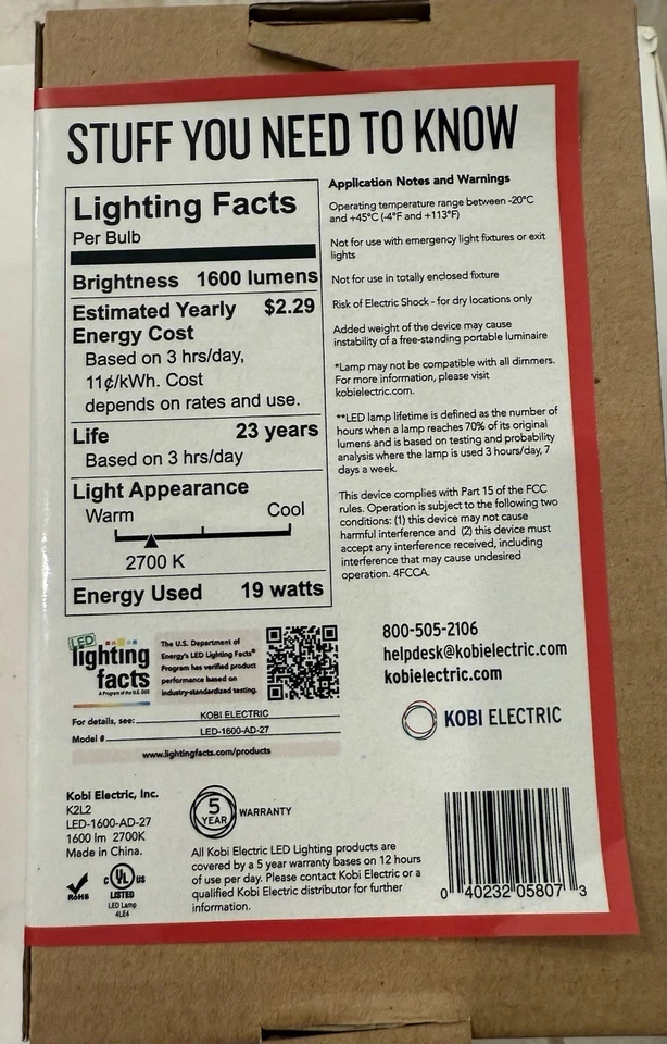 K2L2 KOBI Electric LED-2450-AD-27-ND, A21 DIRECTIONA, 2700K - Image 4 of 4