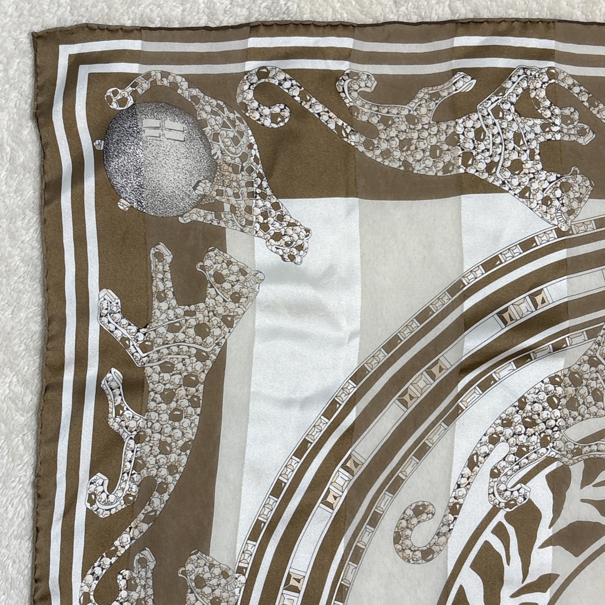Cartier Silk Scarf 32in Panther Jewelry Motif Brown Chain