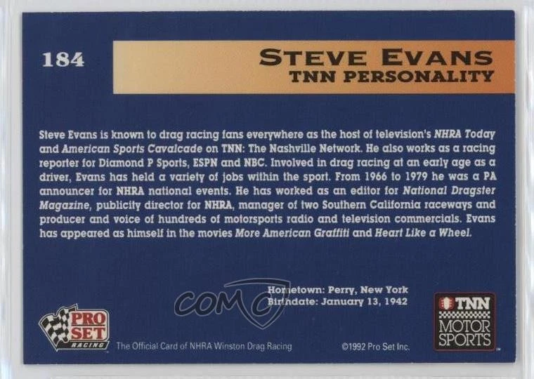 1992 Pro Set NHRA Steve Evans #184 Rookie RC - Image 2 of 2