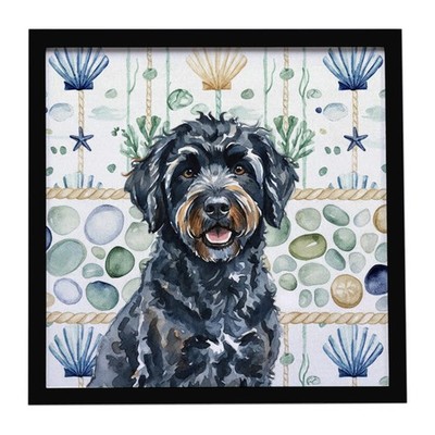 Black Portuguese Water Dog Coastal Sea Glass Framed Metal Print WDK7179MFP88