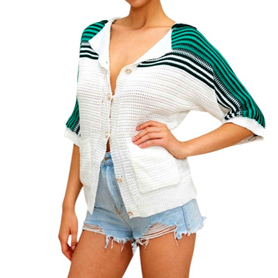 Micas Women's Small White Green Black Contrast Crochet Short Sleeve Sweater Top