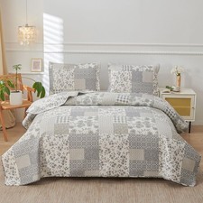 Grey White Floral Plaid Quilt Full/Queen Size Lightweight Patchwork Bedspread...