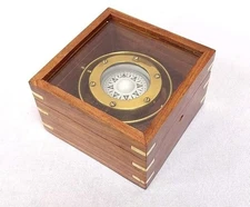 Gimbal Compass Brass with Wooden Box Maritime Nautical Decor Gift Collectible
