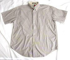 Vtg Tommy Hilfiger Beige Blue Micro Check Short Sleeve Button Shirt Sz XL M293 
