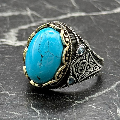 Men's 925 Sterling Silver Turquoise Stone Ring Handmade Statement Vintage Style
