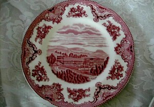 Collectible-Staffordshire-Red-Pink-Castle-Scenic-Plate-Made-in-England