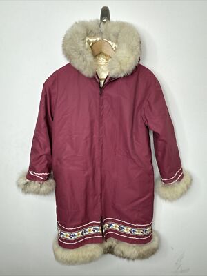Manteau parka vintage inuit brodé femme S/M bordure fourrure