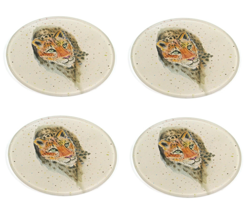 Black Ginger Leopard Animal Round Glass Coasters Tea Coffee Set of 4 Kat Jackson