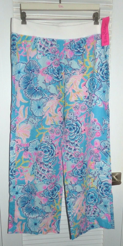 LILLY PULITZER Beach Mid Rise Linen Pants ONCE UPON A TIDE  Size Large  NWT