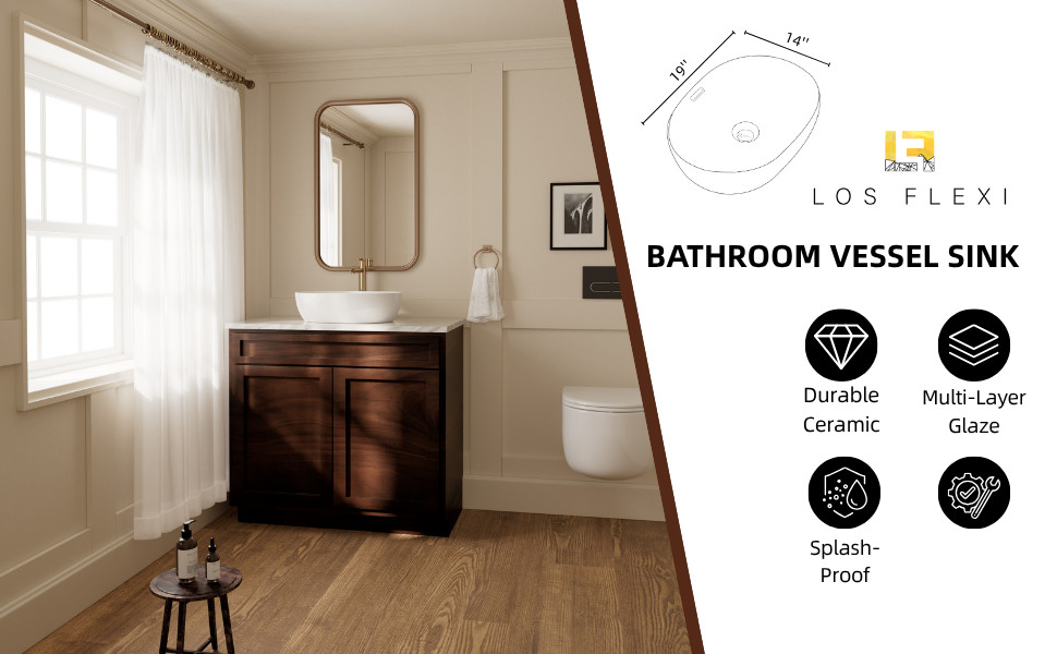 Los Flexi 19" x 14" Oval Vessel Sink with Overflow, White Ceramic Bathroom Sink