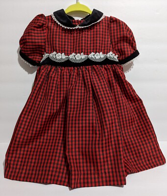 VINTAGE Little Bitty Girls Christmas Holiday Dress - 18 mos - Red Black  Checked | eBay