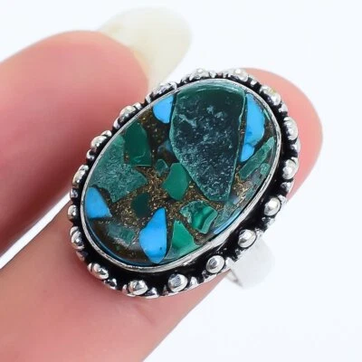 Mosaïque Malachite-Turquoise Pierre Précieuse Main Argent Bijoux Taille Bague 7 - Photo 1/4