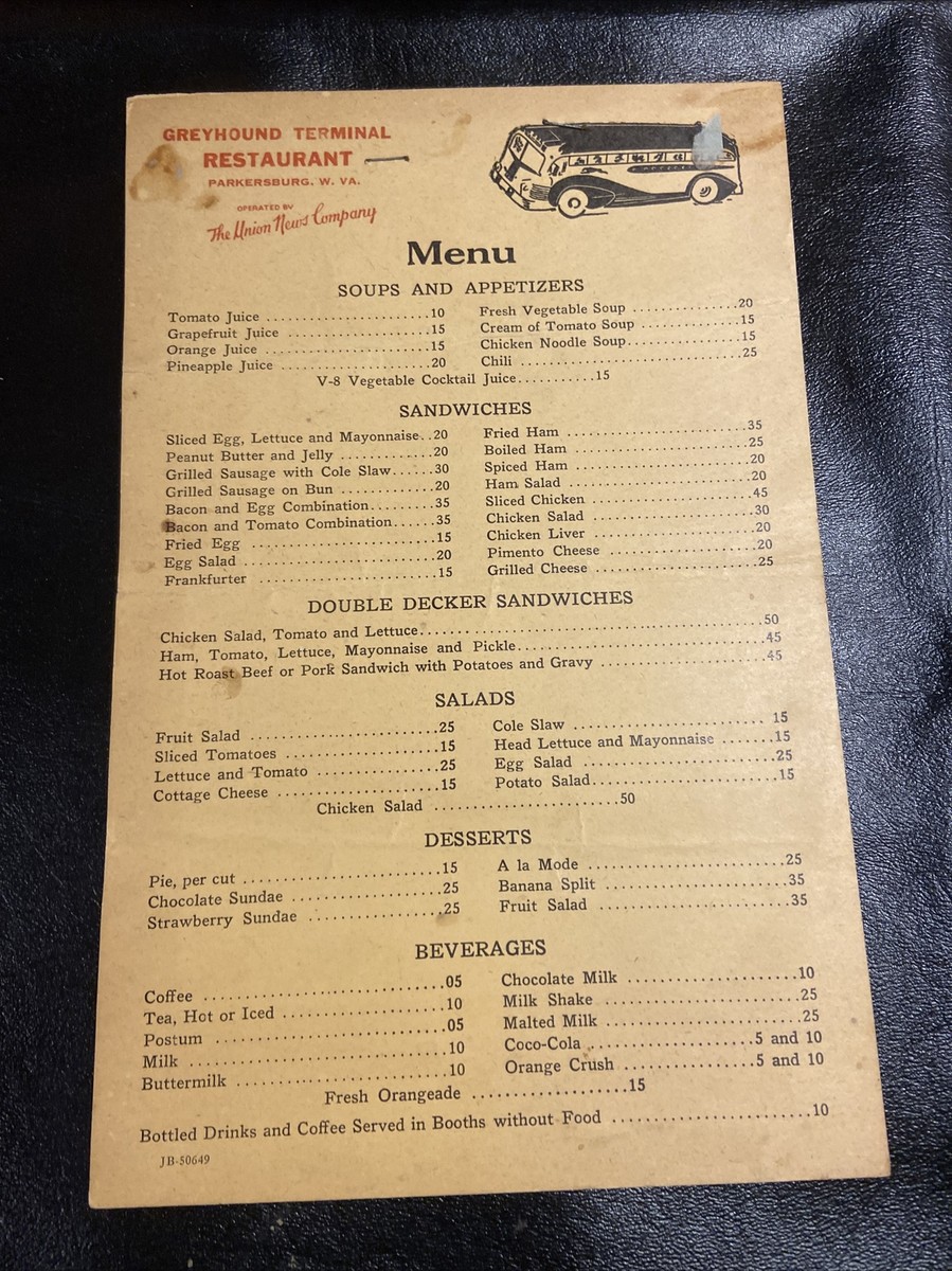 Vintage 1940-50's Greyhound Terminal Restaurant Menu Parkersburg