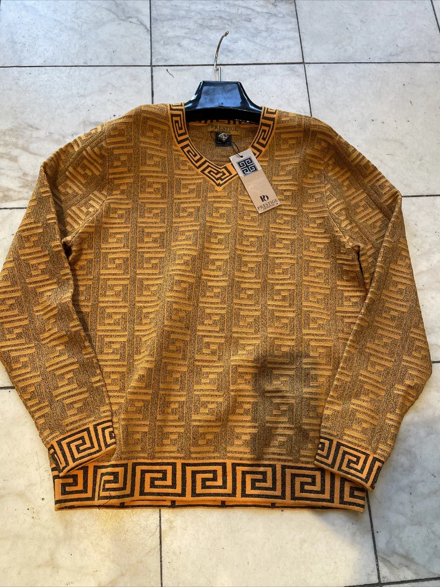 NWT PRESTIGE Long Sleeve V Neck Multi Color Designer Greek Key Sweater Size XL