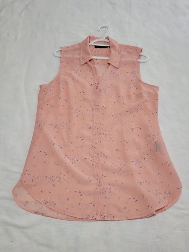 Attention Sleeveless Button Up Blouse Chiffon Peach White Floral Womens Large - Picture 4 of 14