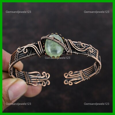 Womens day Deal Copper Natural Prehnite Handcrafted Wire Wrapped Bangle Jewelry