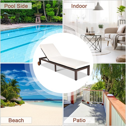 Patio Rattan Lounge Chair Chaise Recliner Back Adjustable Cushioned W/Wheels - Picture 6 of 12