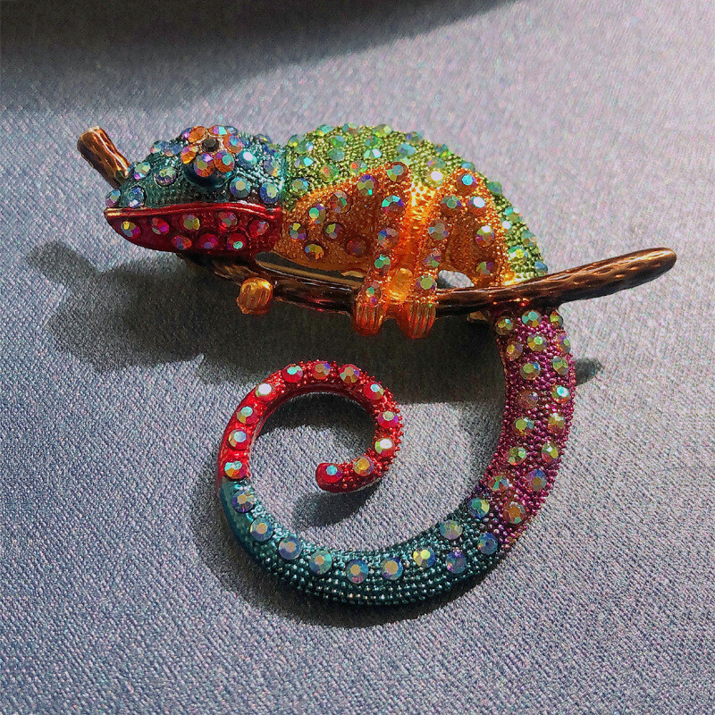 Women's Multi-Color Crystal Enamel Chameleon Lizard Costume Brooch