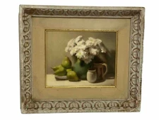 Stunning Vintage Oil Painting Still Life With Flower Vase & Fruit Signed “ETK”