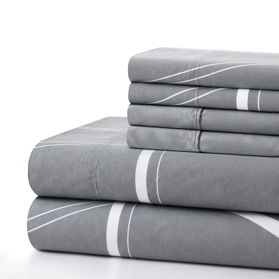 Juego de sábanas 6 piezas de bolsillo profundo de bambú estampado de rayón, reina geométrica gris Foto 3 de 4