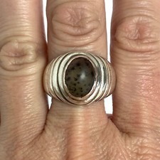 Solid Sterling Silver 925 Unisex Oval Dendritic Fern Agate Wide Band Ring Sz 8.5