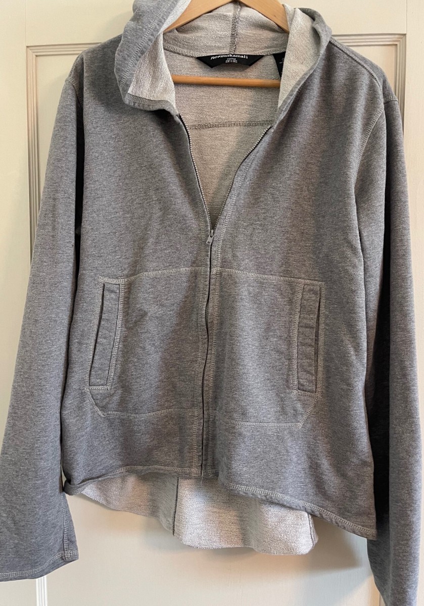 NORMA KAMALI, WOMEN'S XXL, GRAY HOODIE, LONGER BACK, ZIP FRONT