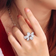 Silver Plated Cubic Zirconia Round Leaf Branch Adjustable Finger Rings for Women