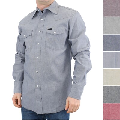 Wrangler Men's Western Shirt Long Sleeve Chambray Snap Button Up 100% Cotton