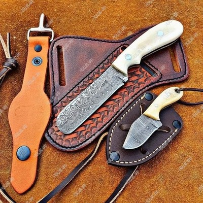 Handmade Damascus steel Bull cutter Tooled pancake leather sheath for him
