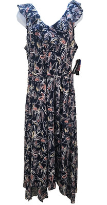 R&M Richards Women's Blue Printed Ruffled Hi-Low V-Neck Shift Dress Size 12P